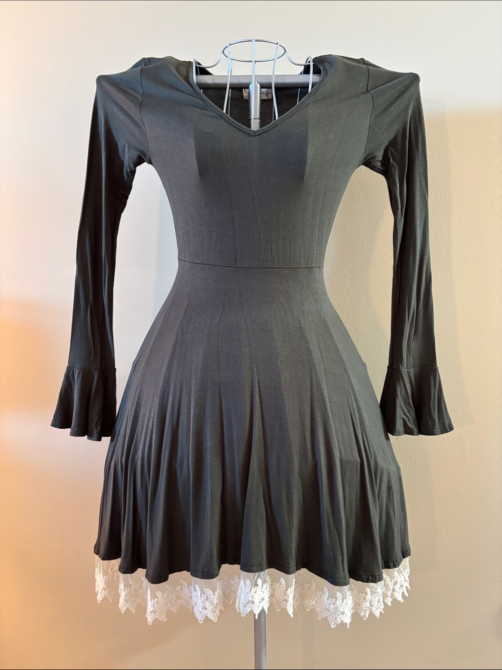 Altar'd State Green Long-Sleeve Fit & Flare Dress with Cream Lace Hem